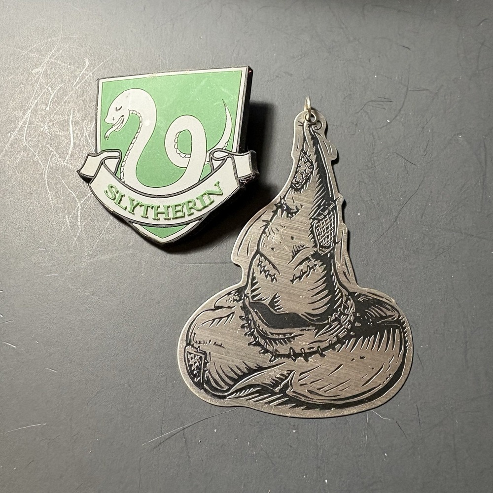 Harry Potter Slytherin House Enamel Pin & Sorting Hat Metal Charm 2 Lot Fandom